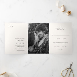 Invitation Trois Volets Mariage Moderne Photo Monogramme Neutre