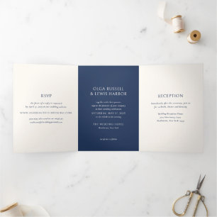 Invitation Trois Volets Mariage Moderne Simple en Marine et Crème
