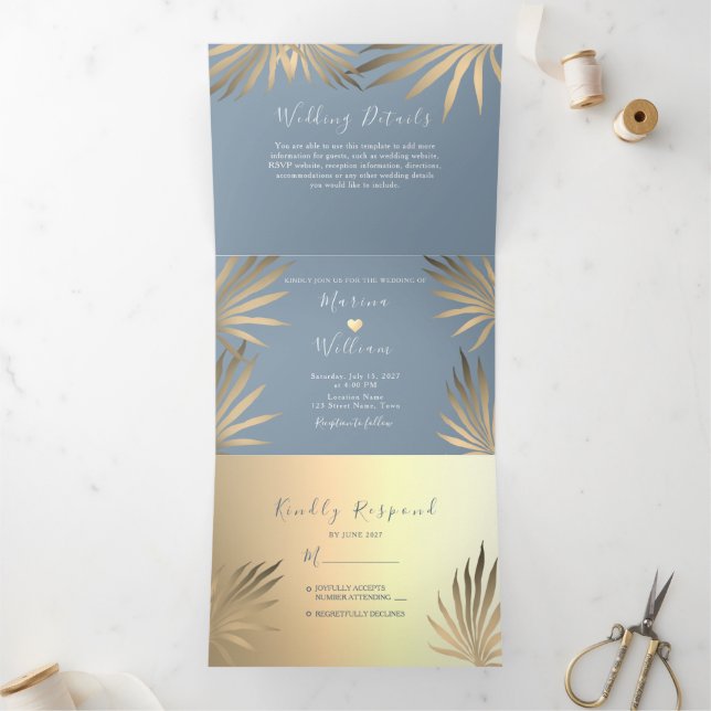 Invitation Trois Volets Mariage Moderne sur la Plage Bleue (Intérieur)