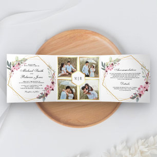 Invitation Trois Volets Mariage Moderne Terrarium Fleurs Roses Collage Pho