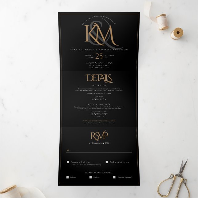 Invitation Trois Volets Mariage Monogramme Noir Tout en un mis à jour (Intérieur)