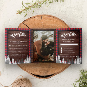 Invitation Trois Volets Mariage Montagnard au Bois Rustique à Carreaux Rou