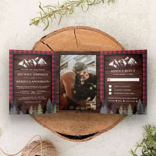 Invitation Trois Volets Mariage Montagnard au Bois Rustique à Carreaux Rou