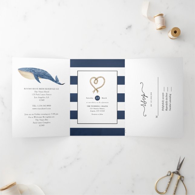 Invitation Trois Volets Mariage nautique baleine (Intérieur)