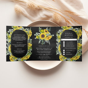 Invitation Trois Volets Mariage Noir 3 en 1 Tournesols Rustiques Eucalyptu