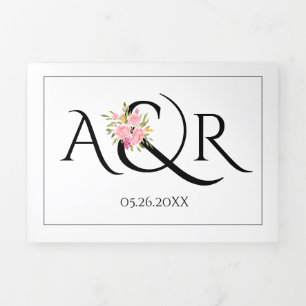 Invitation Trois Volets Mariage noir blanc, orange et rose rose roses