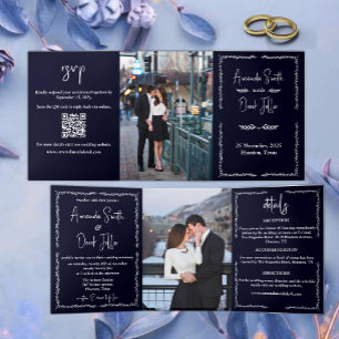 Invitation Trois Volets Mariage Noir Bleu Foncé Riche