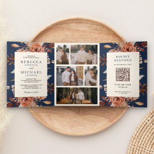Invitation Trois Volets Mariage Nuit Bleue Code QR Floral Crème et Terraco