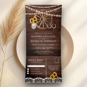 Invitation Trois Volets Mariage occidental Fleurs de soleil en bois rustiq