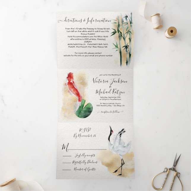 Invitation Trois Volets Mariage or doux asiatique (Intérieur)