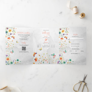 Invitation Trois Volets Mariage Papillon Floral Aquarelle Coloré