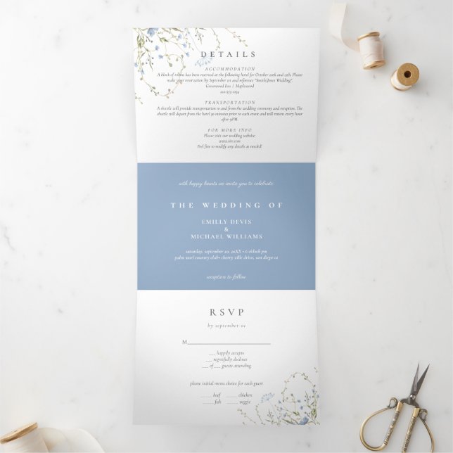 Invitation Trois Volets Mariage périphérique Fleur sauvage bleu, tous allu (Intérieur)