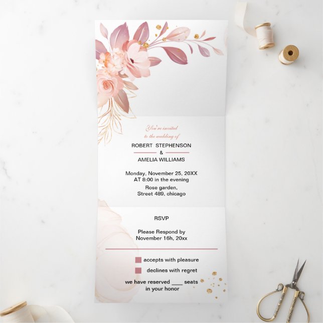 Invitation Trois Volets Mariage personnalisé Elégant Fleur orange (Intérieur)