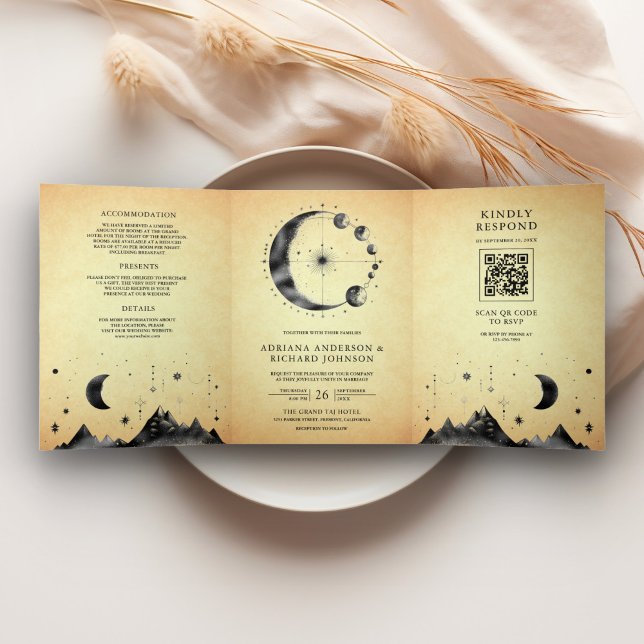 Invitation Trois Volets Mariage Phases de la lune de croissant céleste vin (Créateur téléchargé)
