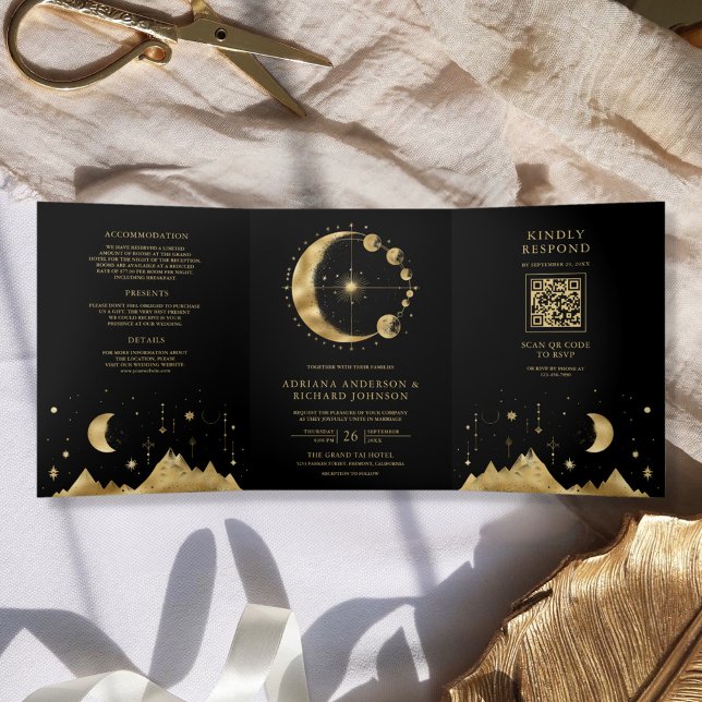 Invitation Trois Volets Mariage Phases du croissant d'or noir céleste (Créateur téléchargé)
