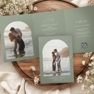 Invitation Trois Volets Mariage photo bohème vert sauge tout en un 2 arche