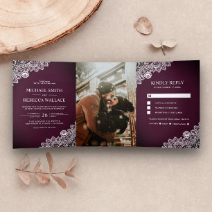 Invitation Trois Volets Mariage Photo Bois Lace Violet Prune Campagnard Ru
