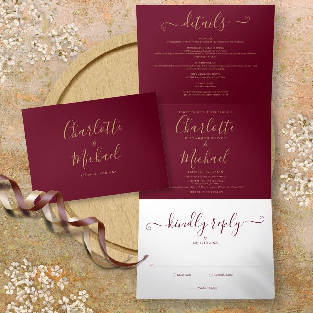 Invitation Trois Volets Mariage photo Burgundy Elegant Gold Script (Burgundy Elegant Gold Script Photo Wedding Tri-Fold Invitation)