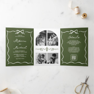 Invitation Trois Volets Mariage Photo Code QR Ruban Blanc Vert Olive