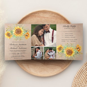 Invitation Trois Volets Mariage Photo Collage Fleurs de Tournesol Toile de