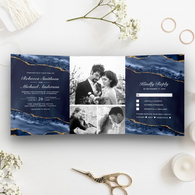Invitation Trois Volets Mariage photo Collage photo de la Marine Blue and  (Créateur téléchargé)