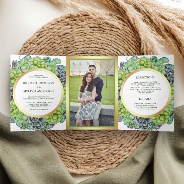 Invitation Trois Volets Mariage photo de couronnes succulentes vert botani (Créateur téléchargé)