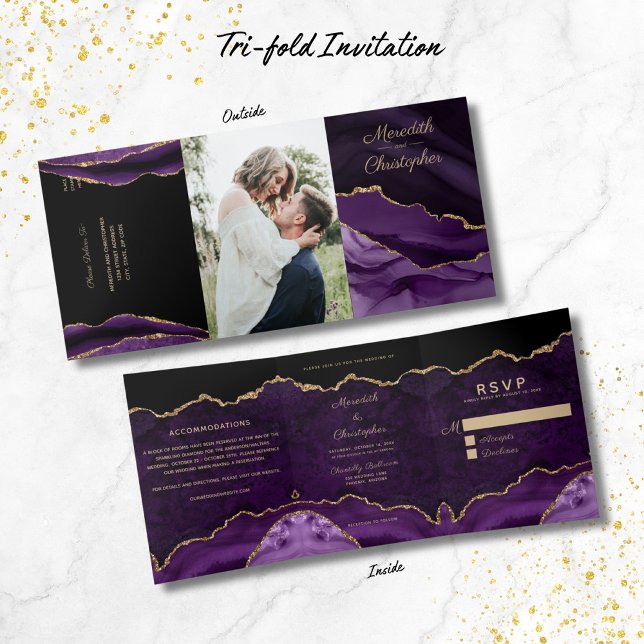 Invitation Trois Volets Mariage photo de la Parties scintillant d'or viole (Créateur téléchargé)