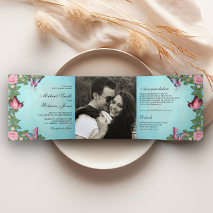 Invitation Trois Volets Mariage photo de papillon floral bleu et rose