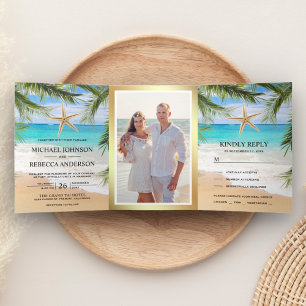 Invitation Trois Volets Mariage Photo de Plage Tropicale avec Palmiers et