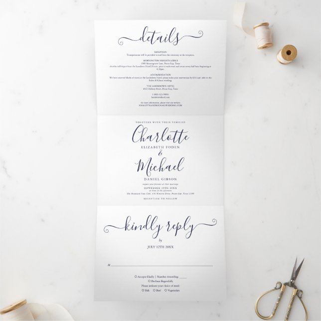 Invitation Trois Volets Mariage photo élégant Navy Blue Script (Intérieur)