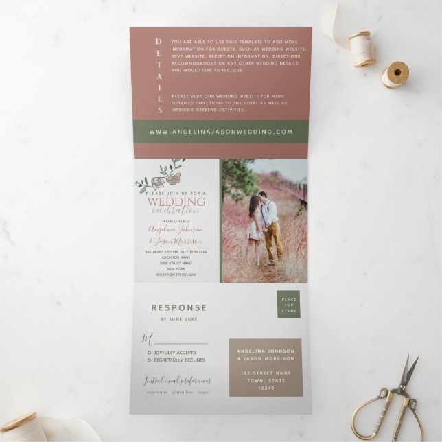 Invitation Trois Volets Mariage photo en terre cuite moderne (Intérieur)