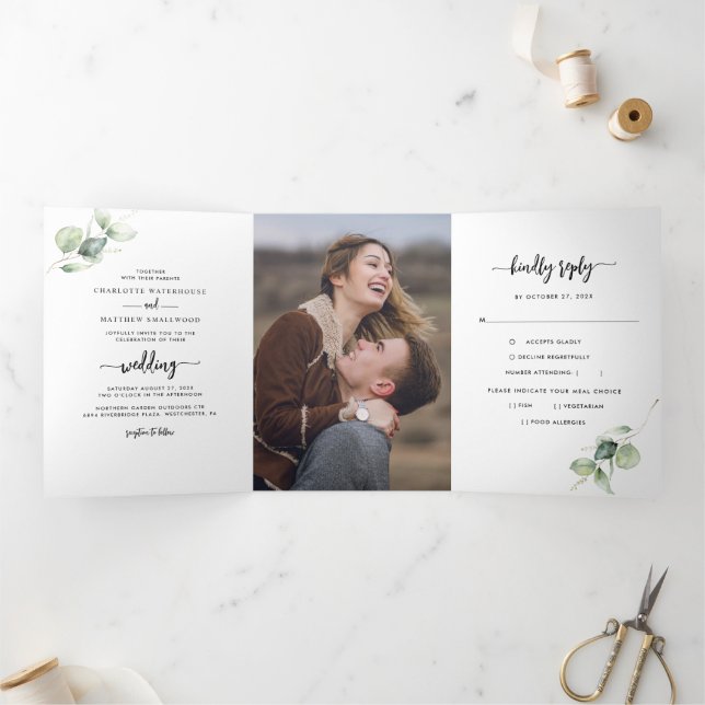 Invitation Trois Volets Mariage photo Eucalyptus Script de verdure (Intérieur)