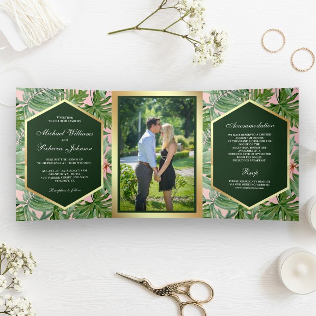 Invitation Trois Volets Mariage photo Feuille Faux Gold Foil Tropical Palm (Créateur téléchargé)