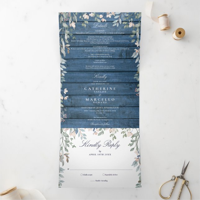 Invitation Trois Volets Mariage photo Fleur sauvage Blue Rustic Wood (Intérieur)