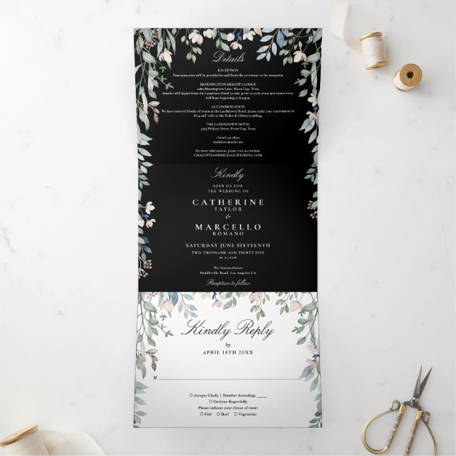 Invitation Trois Volets Mariage photo Fleur sauvage noir et blanc (Intérieur)
