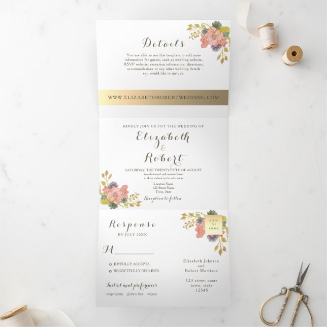 Invitation Trois Volets Mariage photo floral aquarelle (Intérieur)