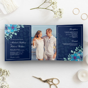 Invitation Trois Volets Mariage photo floral aquarelle bleu de minuit