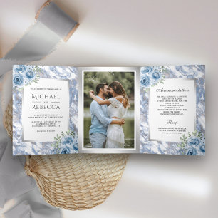 Invitation Trois Volets Mariage Photo Floral Marbre Bleu Poussière Feuille