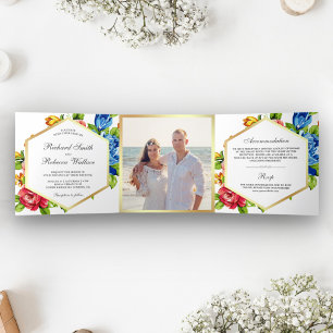 Invitation Trois Volets Mariage photo floral moderne et géométrique