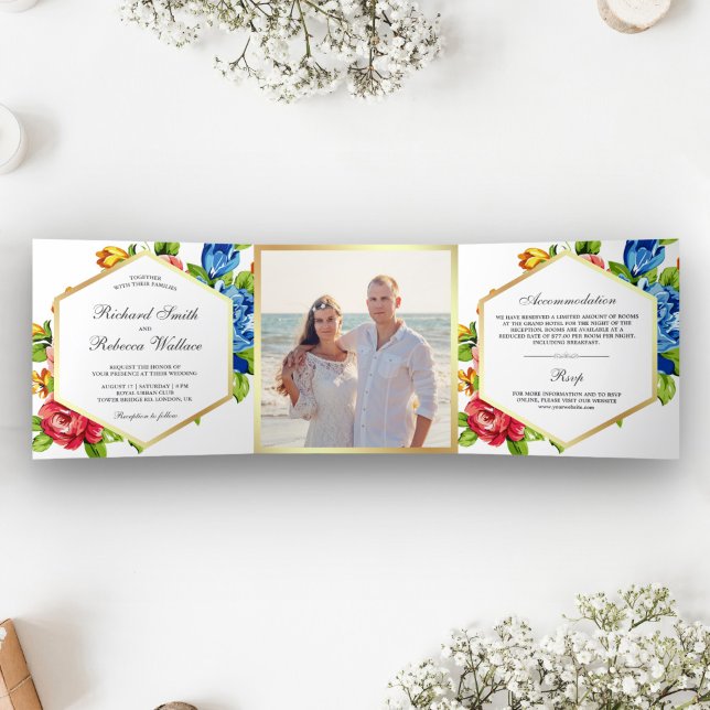 Invitation Trois Volets Mariage photo floral moderne et géométrique (Créateur téléchargé)