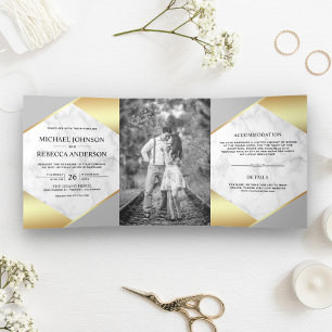 Invitation Trois Volets Mariage photo géométrique en marbre blanc avec feu