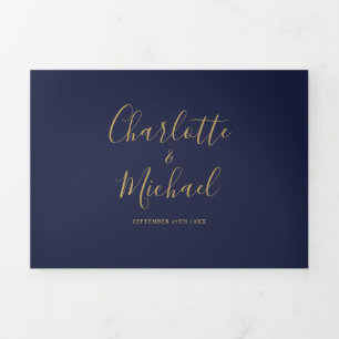 Invitation Trois Volets Mariage Photo Minimaliste Script Bleu Nuit Et Or