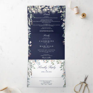 Invitation Trois Volets Mariage photo Navy Blue Floral