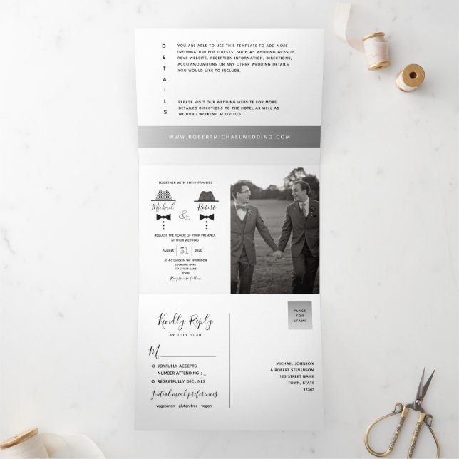 Invitation Trois Volets Mariage photo noir blanc gris (Intérieur)