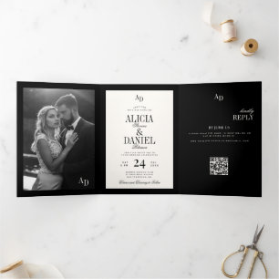 Invitation Trois Volets Mariage photo noir classique argent ancien