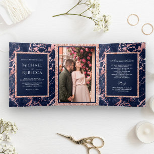 Invitation Trois Volets Mariage Photo Pailleté Or Rose Marbre Bleu Marine