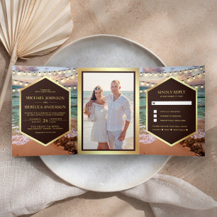 Invitation Trois Volets Mariage photo Plage Sunset String Light All in One