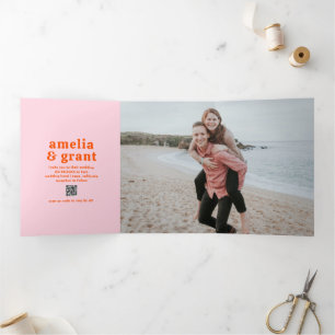 Invitation Trois Volets Mariage photo QR Code Police Rétro Orange et Rose