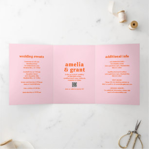 Invitation Trois Volets Mariage photo QR Code Police Rétro Orange et Rose