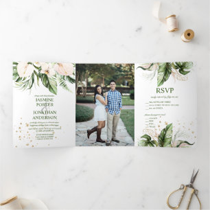 Invitation Trois Volets Mariage photo rose pâle vert tropical 